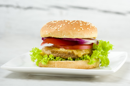 American cheeseburger quick and tasty breakfast on white backgroundの写真素材