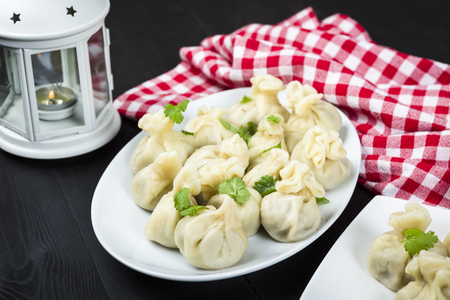 Georgian dumplings khinkali with meat and corianderの写真素材