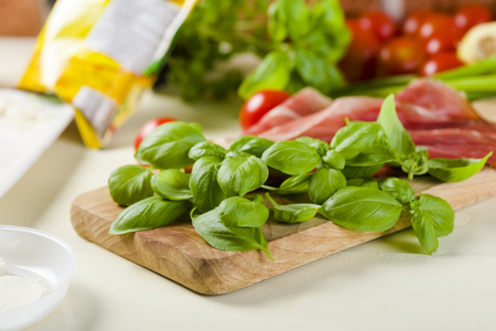 bruschetta with tomatoes, mozzarella, Parma ham and basil - seasoned with oreganoの写真素材
