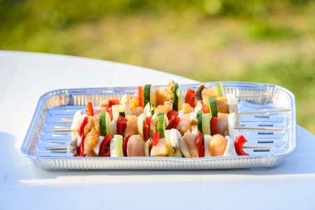 skewers of chicken and vegetablesの写真素材
