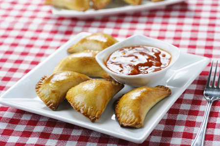Empanada - a dish of South American cuisine - baked dumplings stuffed with meat and vegetableの写真素材