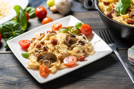 casserole with mushrooms, sausage and cheeseの写真素材