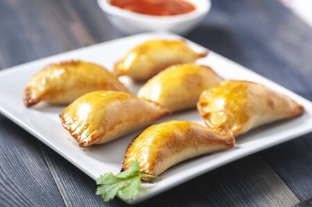 Empanada - a dish of South American cuisine - baked dumplings stuffed with meat and vegetableの写真素材