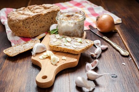 sandwich with lard with onion and garlic - healthy snack on an autumn dayの写真素材