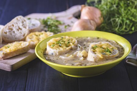Onion soup served with cheese croutonsの写真素材
