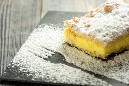 cake with pudding sprinkled with powdered sugarの写真素材