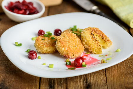 sandwich with fried camembert cheese, bacon and cranberriesの写真素材