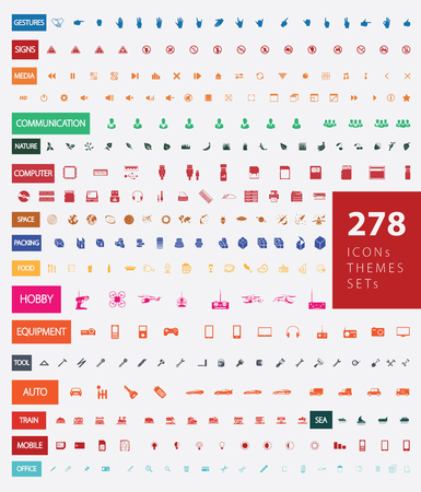 A large set of ready-made vector icons on various topics: gestures, signs, communication, nature, computer, space, packing, food, hobby, equipment, tool, auto, sea, train, mobile, office.のイラスト素材