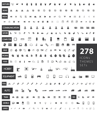 A large set of ready-made vector icons on various topics: gestures, signs, communication, nature, computer, space, packing, food, hobby, equipment, tool, auto, sea, train, mobile, office.のイラスト素材
