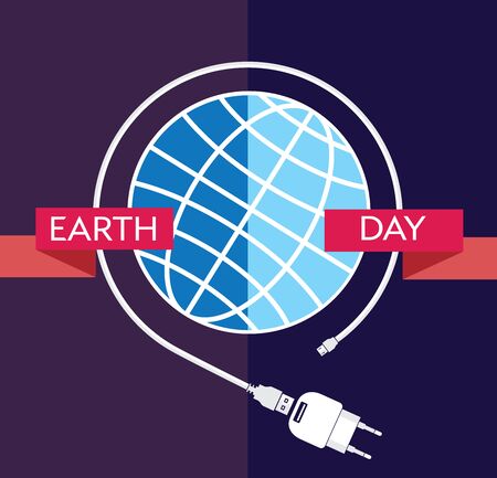 Earth Day Celebration Poster Design Template with modern mobile phone with charger cable, power supply unit and an illustration of the earth.のイラスト素材