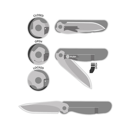 Figure advanced types blocking blade pocket knives. Detailed illustration with various types fixing folding knives.のイラスト素材