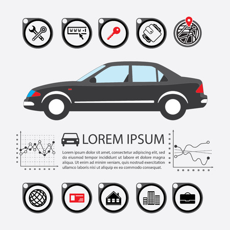 Information Graphics design element and vehicle. Illustrations for the use of imaging information about the car and transport. Set elements of infographics.のイラスト素材