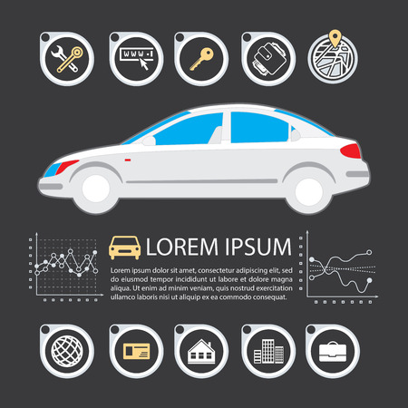 Information Graphics design element and vehicle. Illustrations for the use of imaging information about the car and transport. Set elements of infographics.のイラスト素材