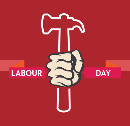 Stock Vector colorful cartoon illustration of Labor Day concept Celebration Poster Design Template with closed fist man's hand holding wrench.のイラスト素材