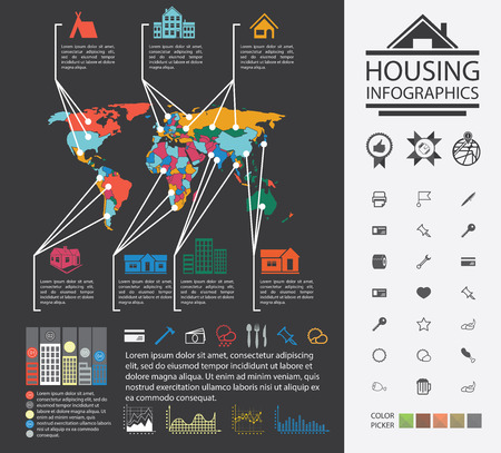Charts and analysis on urban housing. News reporting on buildings and homes. Urban housing analyst. Charts, diagrams and additional set of icons.のイラスト素材