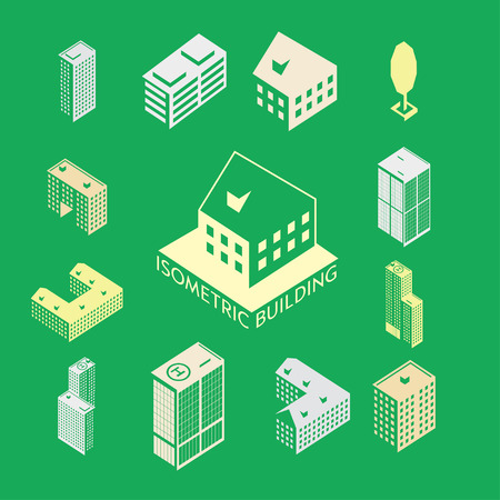 Building icon set. The building is a simple illustration of the icons of urban architecture. Simple set of icons of business buildings and office space. Housing for the web graphics, rent and presentations.のイラスト素材