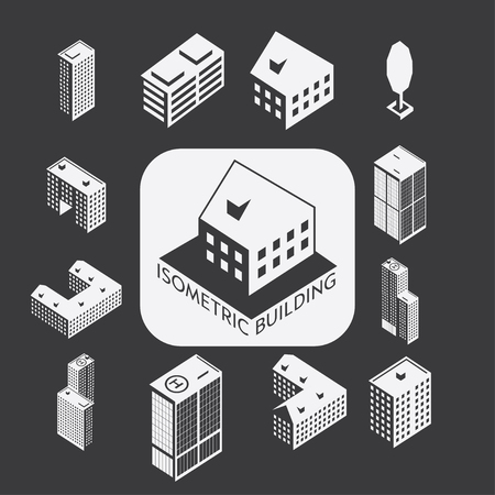 Building icon set. The building is a simple illustration of the icons of urban architecture. Simple set of icons of business buildings and office space. Housing for the web graphics, rent and presentations.のイラスト素材