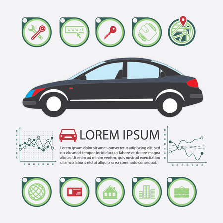 Information Graphics design element and vehicle. Illustrations for the use of imaging information about the car and transport. Set elements of infographics.のイラスト素材