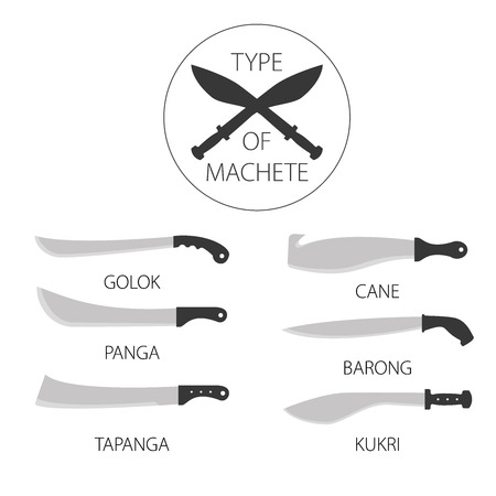 Vector Illustrations variants types of knives machetes. Icon for web design, instructions and illustrations. Perfect for easy handling. Set of ready-made simple vector icons.のイラスト素材
