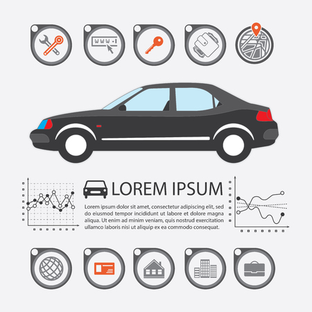 Information Graphics design element and vehicle. Illustrations for the use of imaging information about the car and transport. Set elements of infographics.のイラスト素材