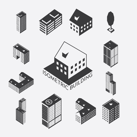 Building icon set. The building is a simple illustration of the icons of urban architecture. Simple set of icons of business buildings and office space. Housing for the web graphics, rent and presentations.のイラスト素材