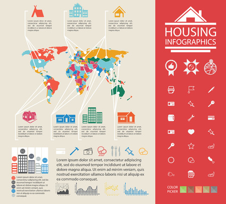Ready material for the presentation. Charts and analysis on urban housing. Data reporting on buildings and homes.のイラスト素材