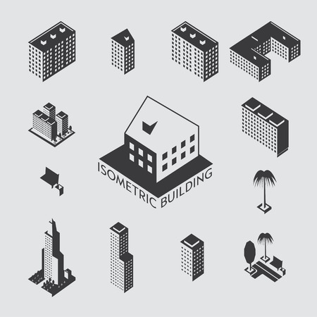 Building icon set. The building is a simple illustration of the icons of urban architecture. Simple set of icons of business buildings and office space. Housing for the web graphics, rent and presentations.のイラスト素材