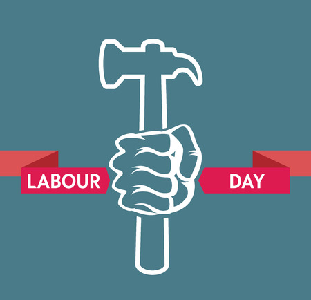 Stock Vector colorful cartoon illustration of Labor Day concept Celebration Poster Design Template with closed fist man's hand holding wrench.のイラスト素材