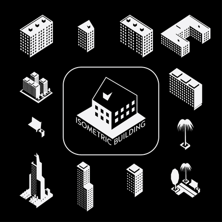 Building icon set. The building is a simple illustration of the icons of urban architecture. Simple set of icons of business buildings and office space. Housing for the web graphics, rent and presentations.のイラスト素材