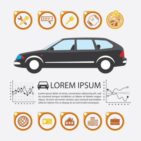 Information Graphics design element and vehicle. Illustrations for the use of imaging information about the car and transport. Set elements of infographics.のイラスト素材