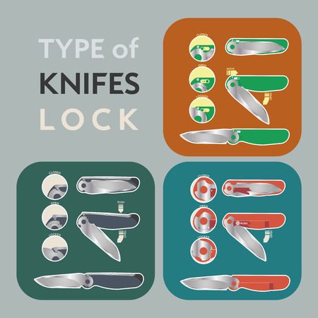 Illustration of modern types of locks blade pocket knives.のイラスト素材
