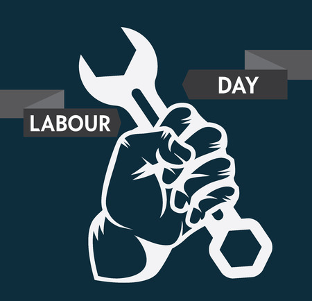 Stock Vector colorful cartoon illustration of Labor Day concept Celebration Poster Design Template with closed fist man's hand holding wrench.のイラスト素材