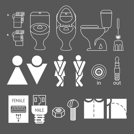 WC logo. Illustrations denoting male or female toilet. Various funny options. Closets and WC accessories. Stylized figures of men and women.のイラスト素材