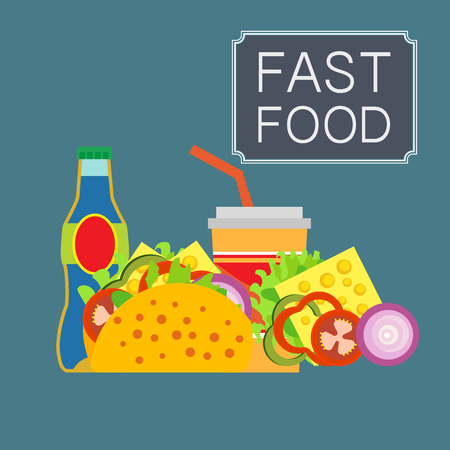 Illustration of fast food products. Pictures diverse street food for a quick snack. Bright color image in a vector for high quality products.のイラスト素材