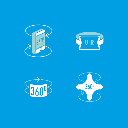 360 degrees icons set. Arrows in the direction of rotation. Icons panoramic shooting. Tools for virtual reality. 360 degrees rotation concept icons setのイラスト素材