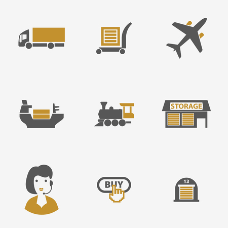 Set of icons on a theme of universal logistics, transport of goods and commodities. Stages of purchase to obtain a customer's goods.のイラスト素材