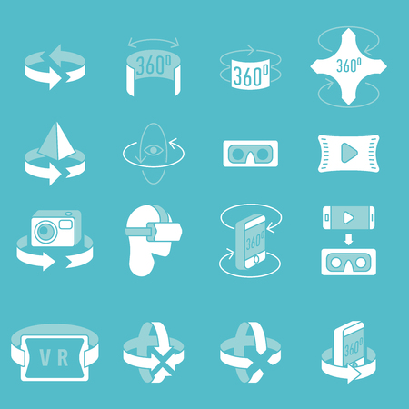 360 degrees icons set. Arrows in the direction of rotation. Icons panoramic shooting. Tools for virtual reality. 360 degrees rotation concept icons setのイラスト素材
