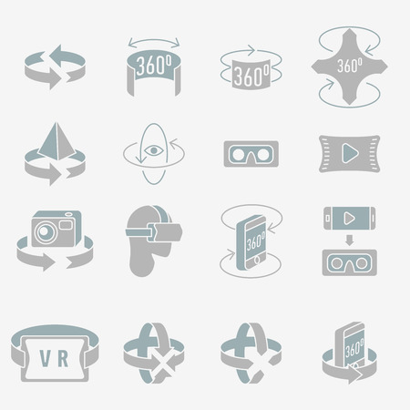 360 degrees icons set. Arrows in the direction of rotation. Icons panoramic shooting. Tools for virtual reality. 360 degrees rotation concept icons setのイラスト素材