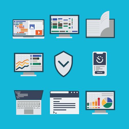 A set of icons with the process of collecting and processing data. Icons of security systems and graph analytics. Interfaces with diagrams and product code. Flat style, bright design.のイラスト素材