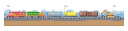 illustration of a railway transport. Modern types of trains for the transportation of goods and passengers. Different types of locomotives.のイラスト素材