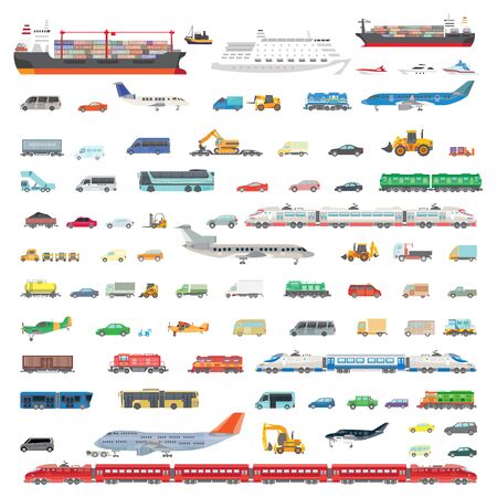 Big set illustration of transport. Images of various types of aircraft, trains, cars, trucks and wagons for the transport of goods and travel. Color illustration in a flat style.のイラスト素材