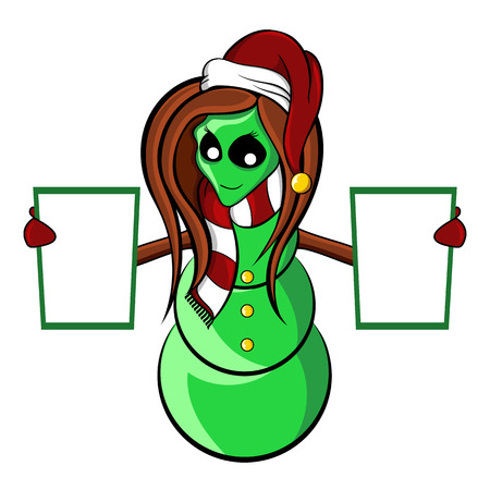 fantasy illustration of a cute zombie alien snowman wearing a santa hat scarf standing and raising her stick arms holding two christmas lists.のイラスト素材