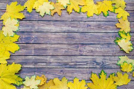 yellow fallen leaves on a brown wooden background closeup