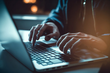 Hands of a hacker stealing data from a laptop. Cybercrime concept.の素材