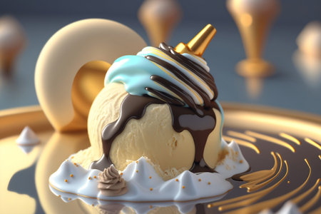 3d render of ice cream with chocolate sauce on a golden plateの素材