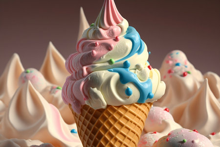 Ice cream cone with pink, white, blue and green frostingの素材