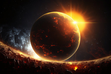 Fantasy planet in space with sun and stars. 3D renderingの素材