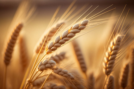 Close-Up of Wheat Ears in a Summer Wheat Field, Agricultural Scene. Generative AIの素材
