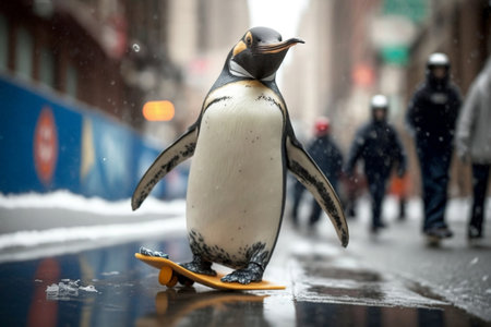Close-Up a Penguin Skateboarding in New York. Generative AIの素材