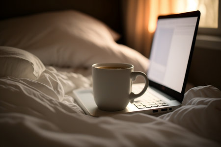 Close-Up of a White Coffee Cup and Laptop on a Bed with Soft Window Light. Generative AIの素材